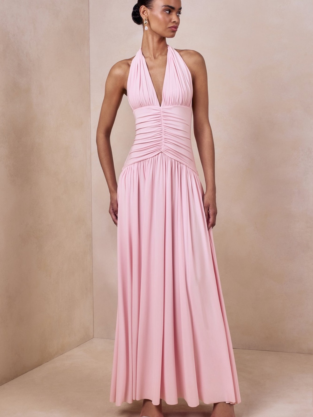 Halter Ruched Pink Maxi Dress - Picture 3 of 6